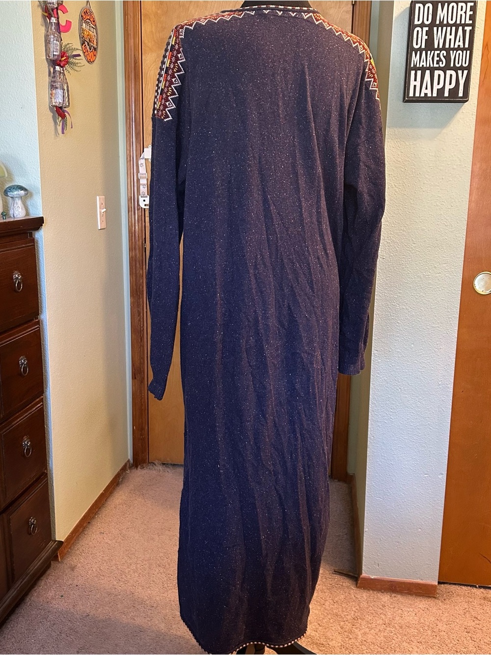 Soft Surroundings navy blue with aztec trim long open front duster cardigan - Picture 3 of 8